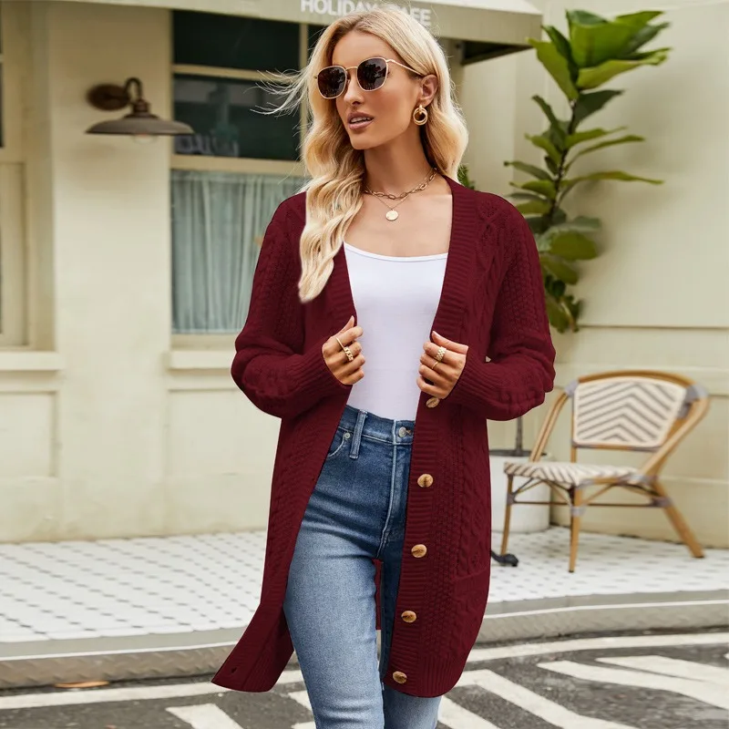 High quality new models burgundy sweater cardigans for women long sleeve knit sweater