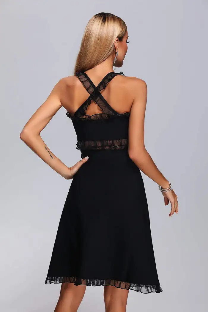 BA301 High Quality Bowknot Floral Backless Sling V Neck Evening Dress For Ladies