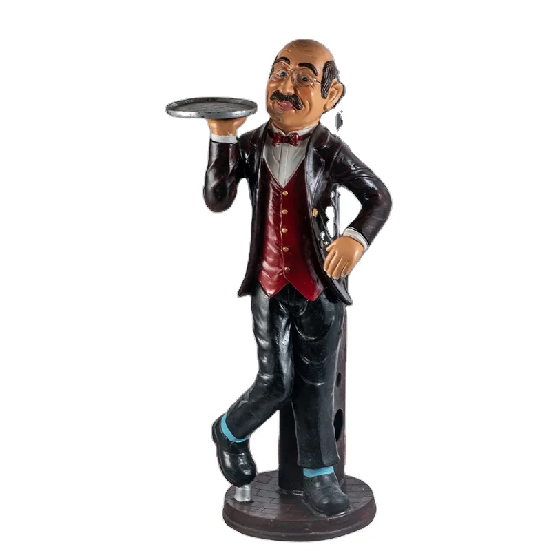 Custom 110cm Polyresin Statue Figurine Resin Butler 3 Vintage  Holder fiberglass waiter with tray