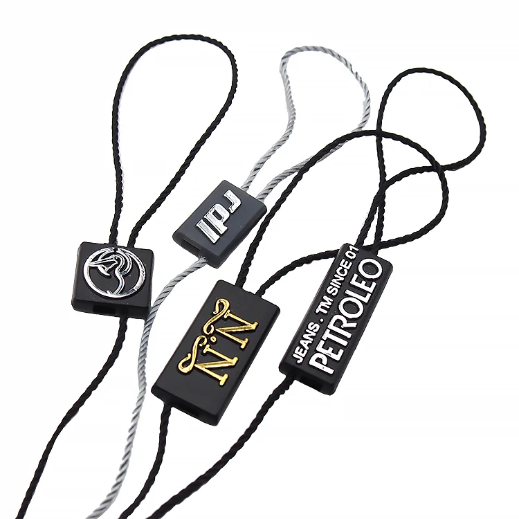 ST08 Clothing Metal Snap Lock Seal Tags Supplier Custom Debossed Brand Name Logo Rectangle Hang Tag Ribbon Strings for Garment