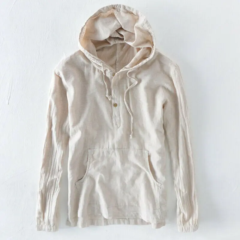 Men Striped Cotton Linen T Shirt Causal Long Sleeve Hoodies Hoodies Hippy Tops