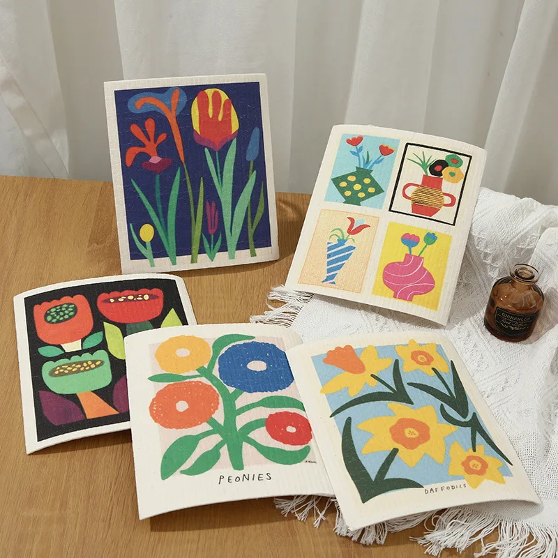 Custom Printing Reusable Absorbent Cellulose Dish Sponge Cloth Swedish Dishcloth Cleaning Cloths