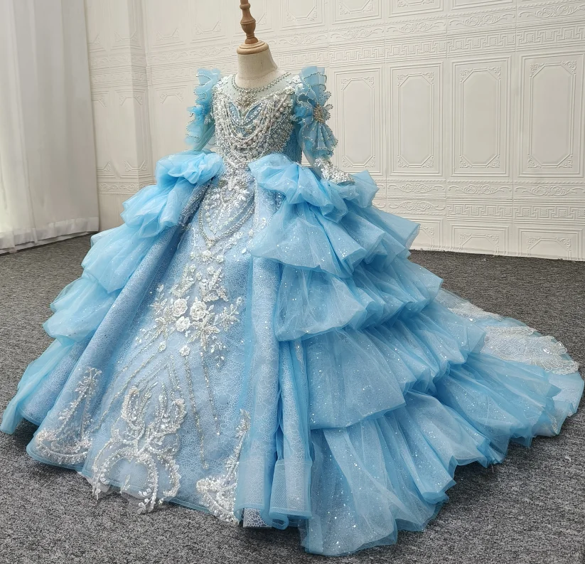 QUEENSGOWN fancy shining flower girls ruffles soft tulle heavy beaded party dress  Little Girls Birthday Gowns light blue Dress