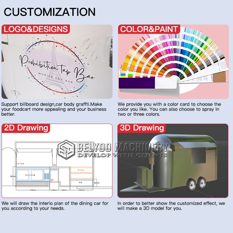 Belyoo New Design Food Truck Custom Airstream Food Trailer with Fully Equipped Mobile Kitchen for Sale