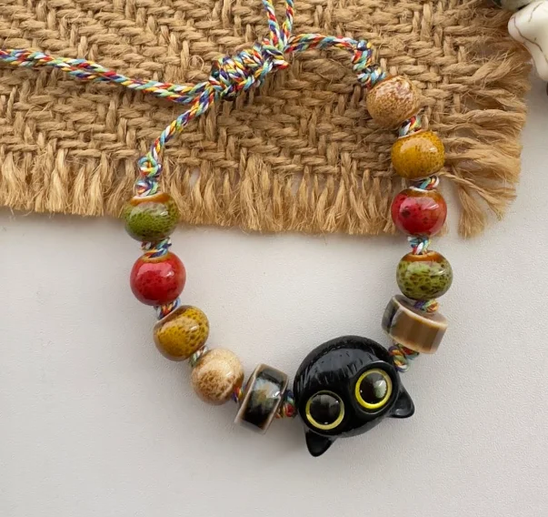 Skull Cat Ceramic Braided Rope Bracelet Personalised Fashion Beaded Jewelry Tassel Colourful Braided Rope Bracelet