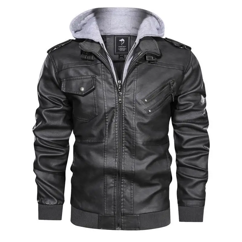 Men Hooded Leather Jackets Slim Casual Leather Coats New Fashion Male Street Wear Motorcycle Leather Jackets Hat