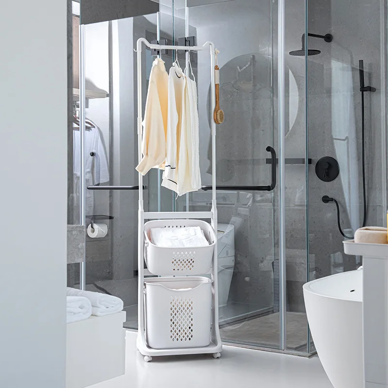 Bathroom Hanger Dirty Clothes Basket Floor  Mobile Vertical  Storage  Coat  Hanger Hanging Storage Shelf with Two Laundry Basket