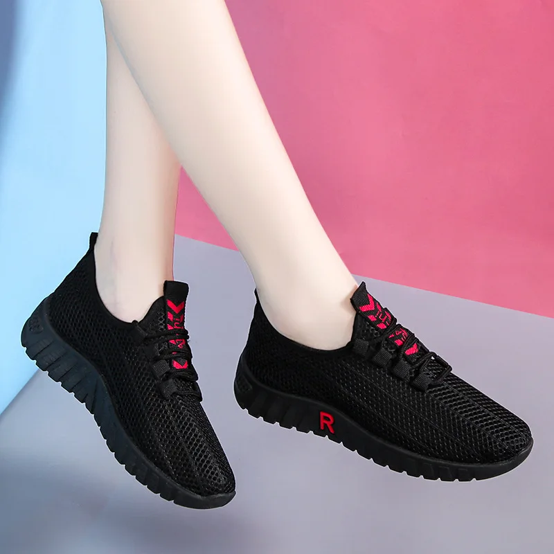 Китайский завод, продавец, повседневная обувь, женские черные сетчатые кроссовки, веревочные шнурки, плоская обувь для женщин 2021