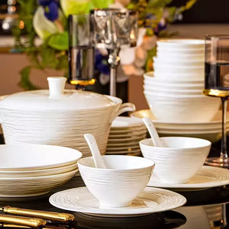 Light luxury pure white bone porcelain bowl and plate set high-end ceramic tableware for household use