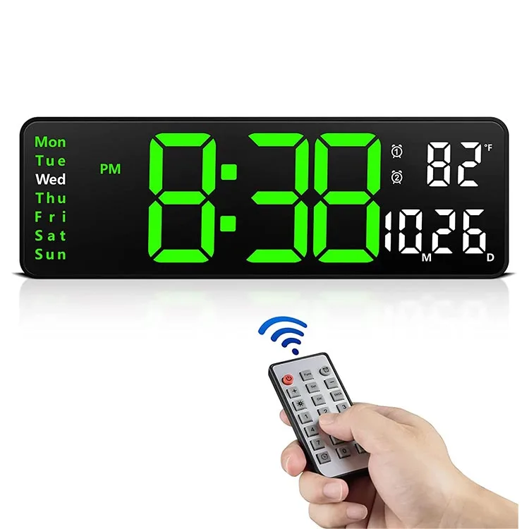 Large Wall Electrical Clock Calendar Day Digital Green Lede Wall Clock Temperature with Remote Control Alarm Clock