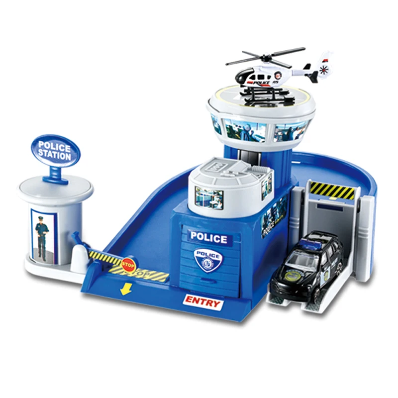KSF Kids Pretend Play Game Police Fire Garage Shop Auto Parking Lot Diecast Police Station Toy Diecast Toy Alloy Vehicle