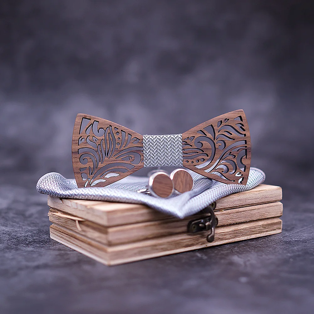 Handmade solid wood high quality log bow tie suit trendy tie cufflinks