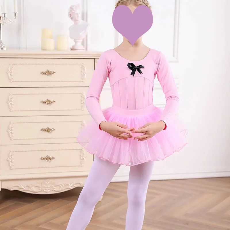 2pcs Ballet Dress Gymnastics Leotards for Girls Kids Long Sleeve Ballet Dancewear Chiffon Skirts Kids Bowknot Dance Leotards