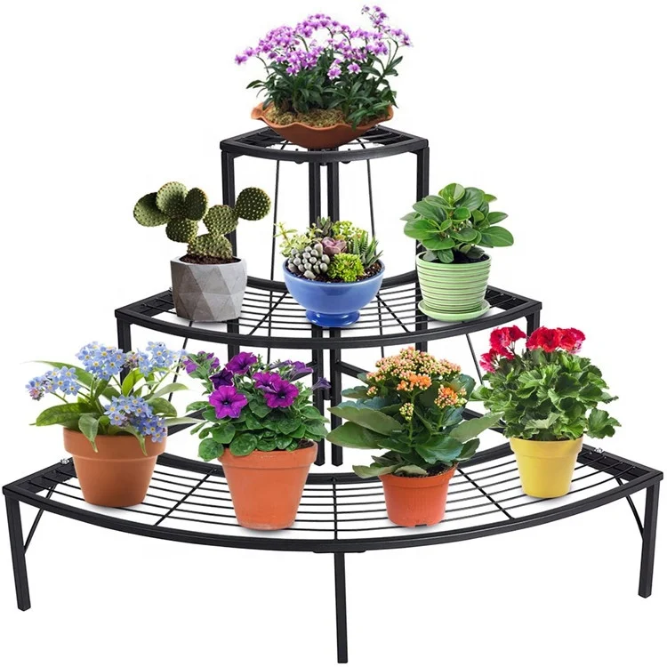 3 Tier Plant Stand Flower Pot Rack  Planters Display Holder Metal shelves For Garden Adjustable Quarter Round Plant Corner Shelf