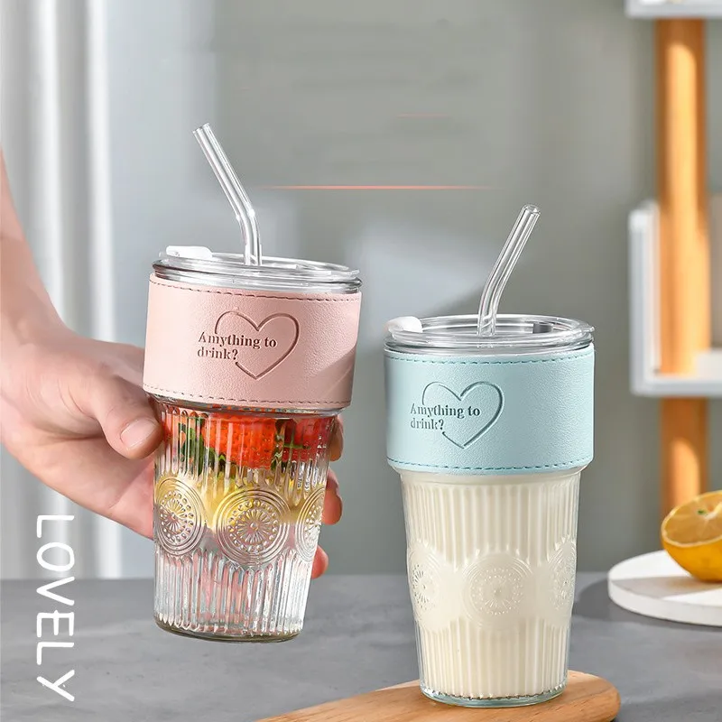 New Ins 600ml clear blank drinking tumbler tea coffee cup mug glass cup travel coffee glass mug cup with lid and straw/sleeve