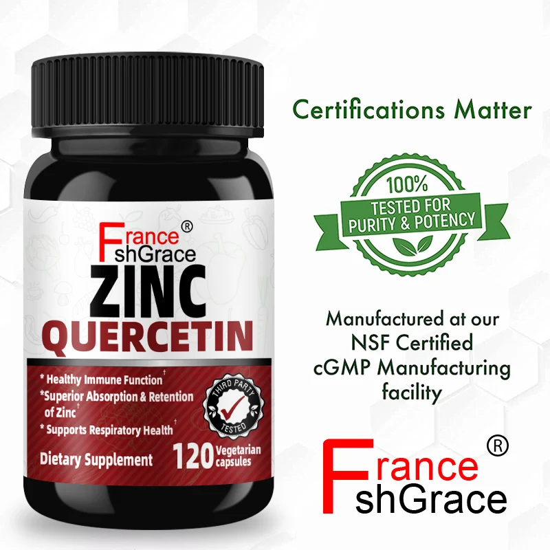Quercetin Supplement, 120 Capsules Zinc Supplement, Immune System Boost, Cardiovascular Health, Respiratory System, Longevity.
