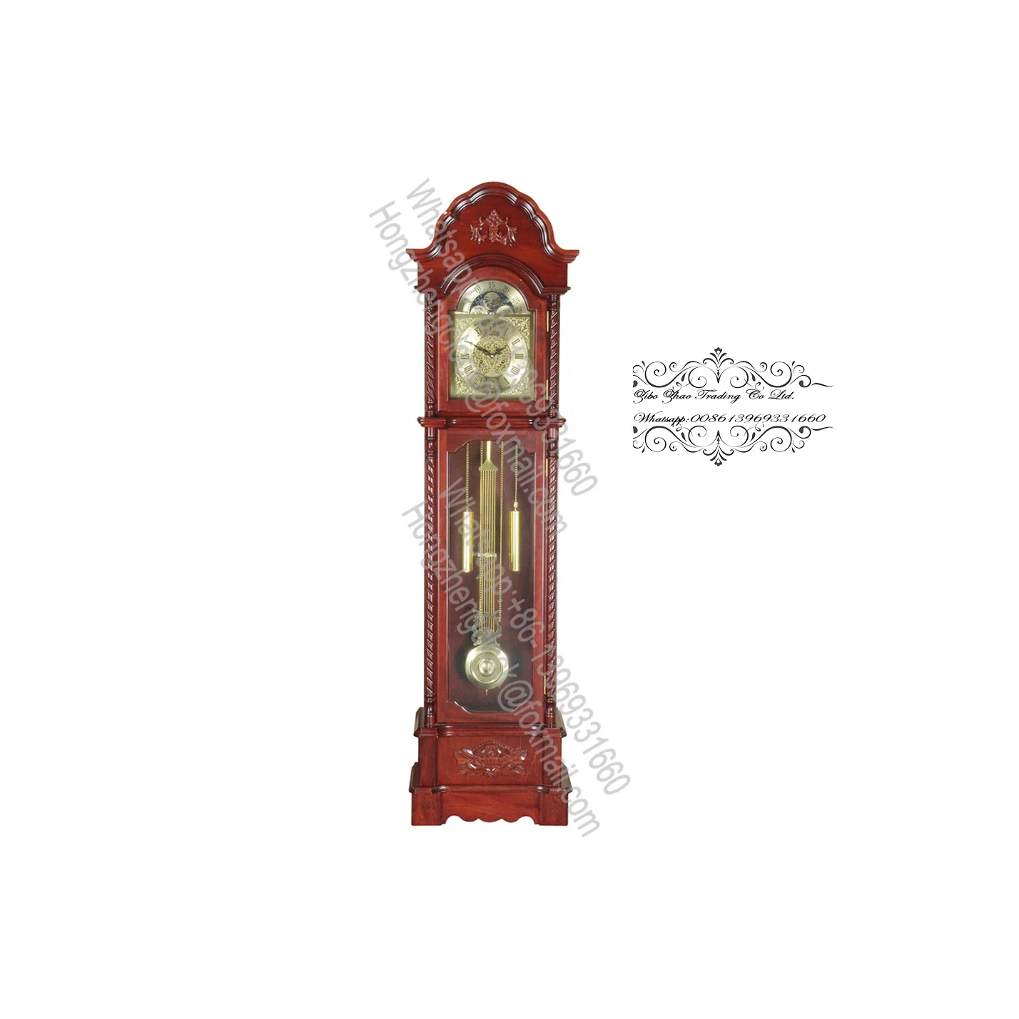 Solid Wood Grandfather Clock Graceful bonnet pediment with a decorative overlay on the crown
