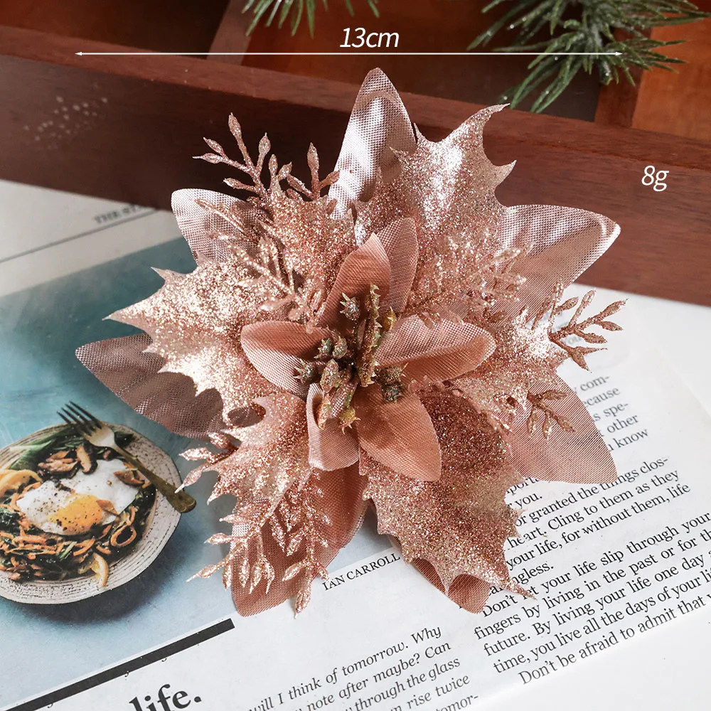Party Decorations Velvet Floral Colorful Christmas Tree Flowers Poinsettia Flower Artificial Christmas Ornament