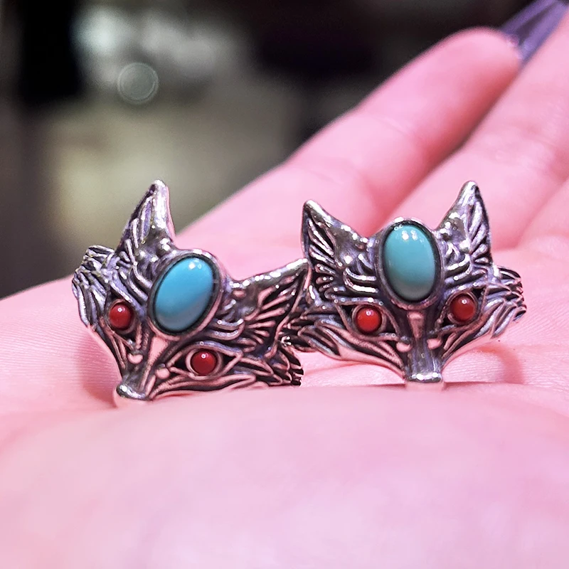 Natural turquoise fox shaped s925 silver jewelry adjustable ring personalized accessory