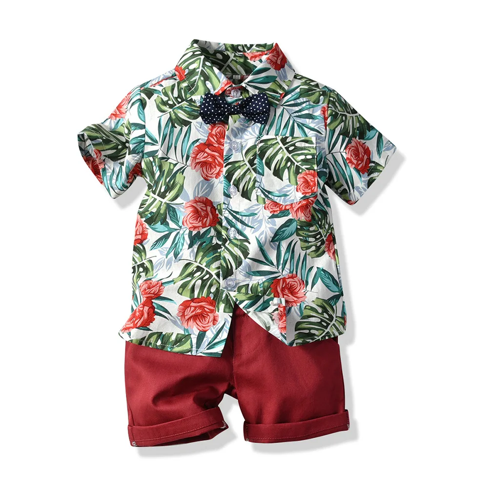 JF Children Clothing Two Piece Boy Clothes Flower Shirt Fashion Bow Tie Shorts With Pockets