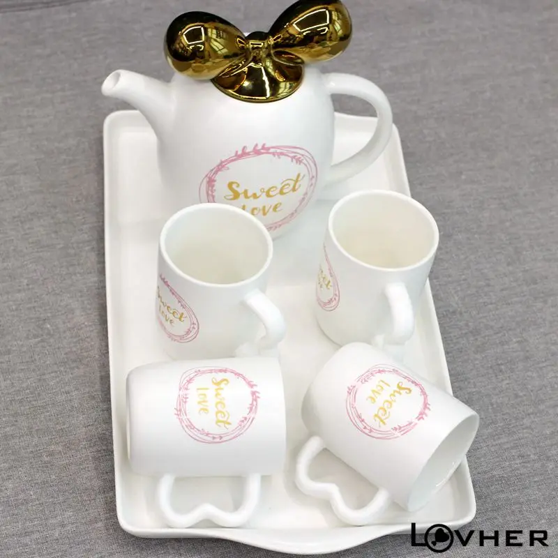 Big Quantity Porcelain cute color glazed gold silver lid tea pot set with tea cup and ceramic tray for Home Kids Office Restaura