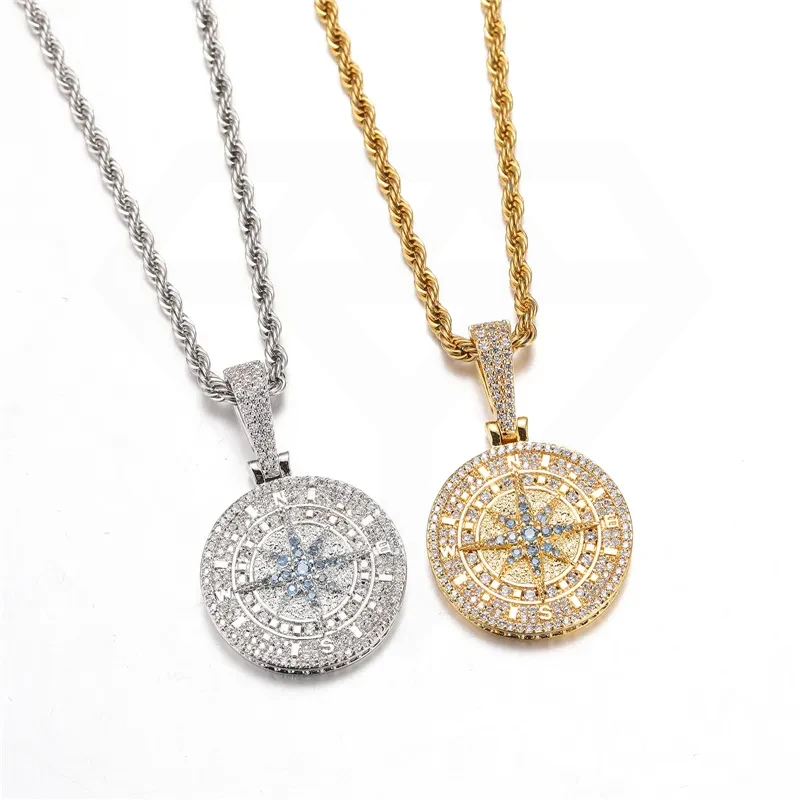 Hip Hop Bling Brass Iced Out Compass Pendant Gold Silver Color Cubic Zirconia Compass Pendant
