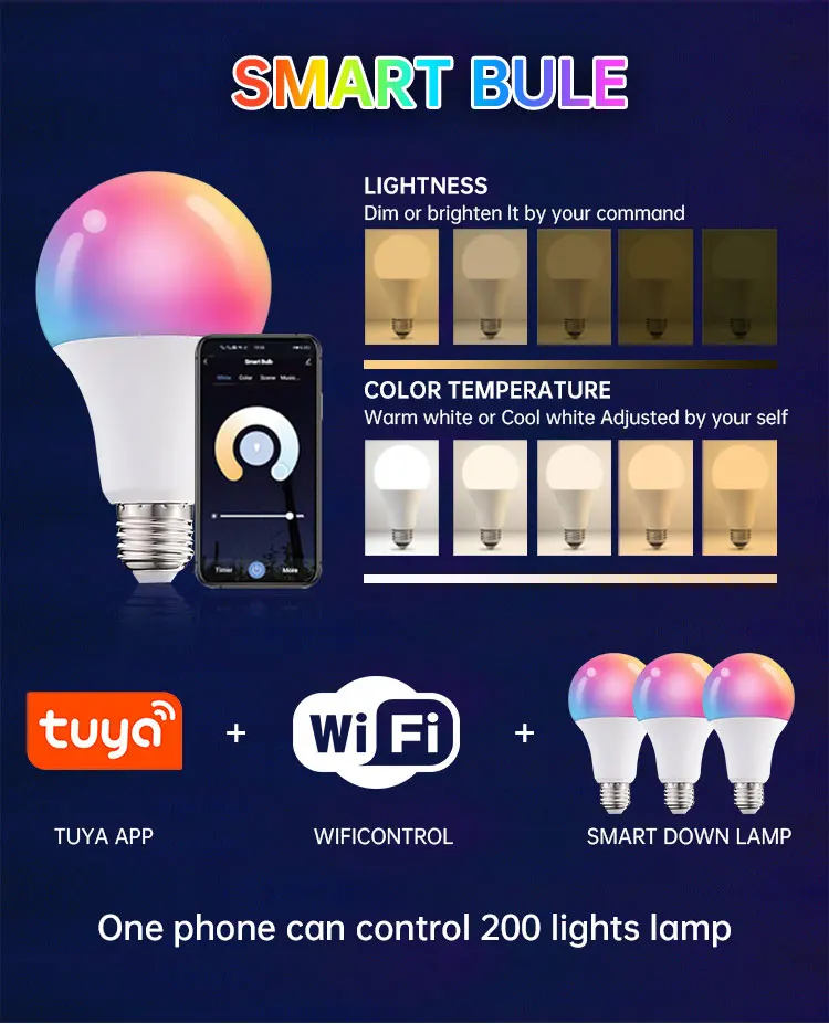 E27 B22 Smart LED Bulbs Lighting RGB Tuya App Wifi Control Home Dimmable Multi Color High Quality China Factory