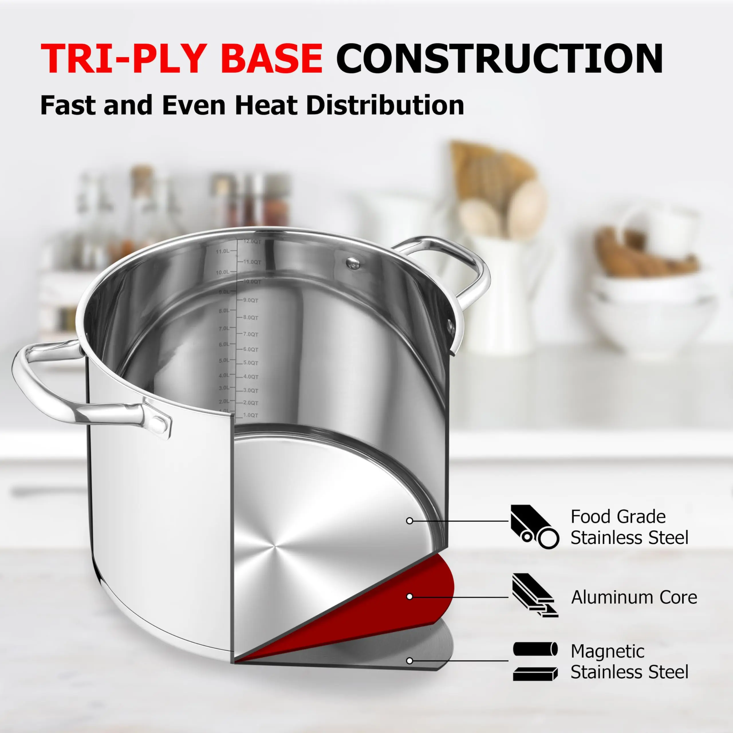 12QT Cooking Pot Heavy Weight Solid Triple-Layer Base Stainless Steel Casserole Soup Pot Stock Pots with Handle Glass Lid