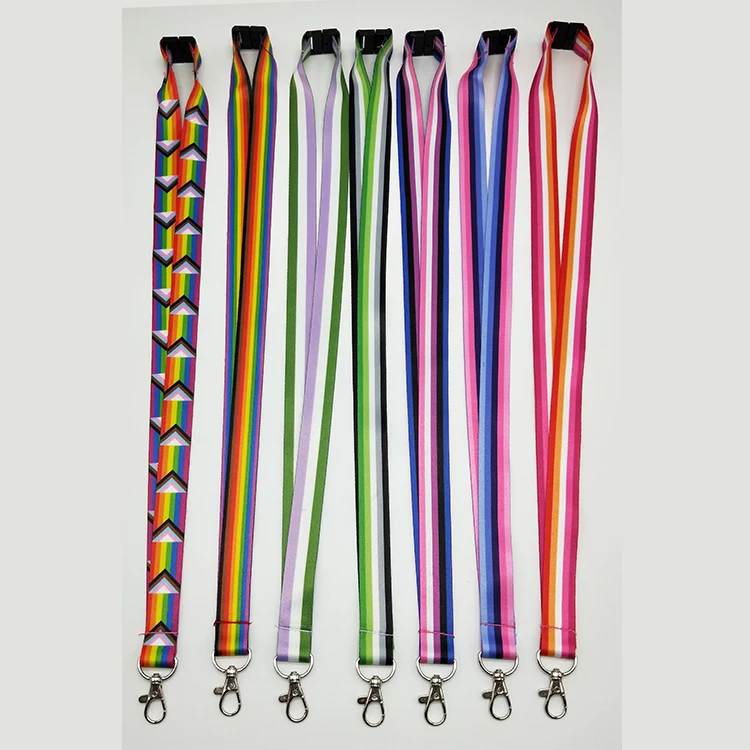Custom polyester heat transfer printed stripe lanyard with safety buckle