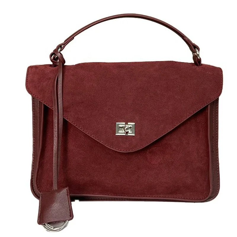 online retailer wholesale trendy women red suede PU leather shoulder bags square handbag