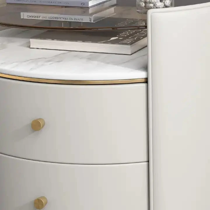 Modern Luxury Hotel Bedroom Pine Wood Frame White Side Tables Solid Wood Corner Table PU Leather Nightstand Round Bedside Table