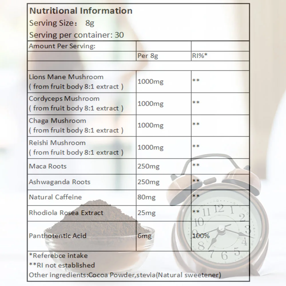 Private Label/ OEM Premium Mushroom Cocoa Drink Cordyceps Chaga Reishi Lions Mane Ashwaganda Maca Mushroom Mix Cocoa Beverage