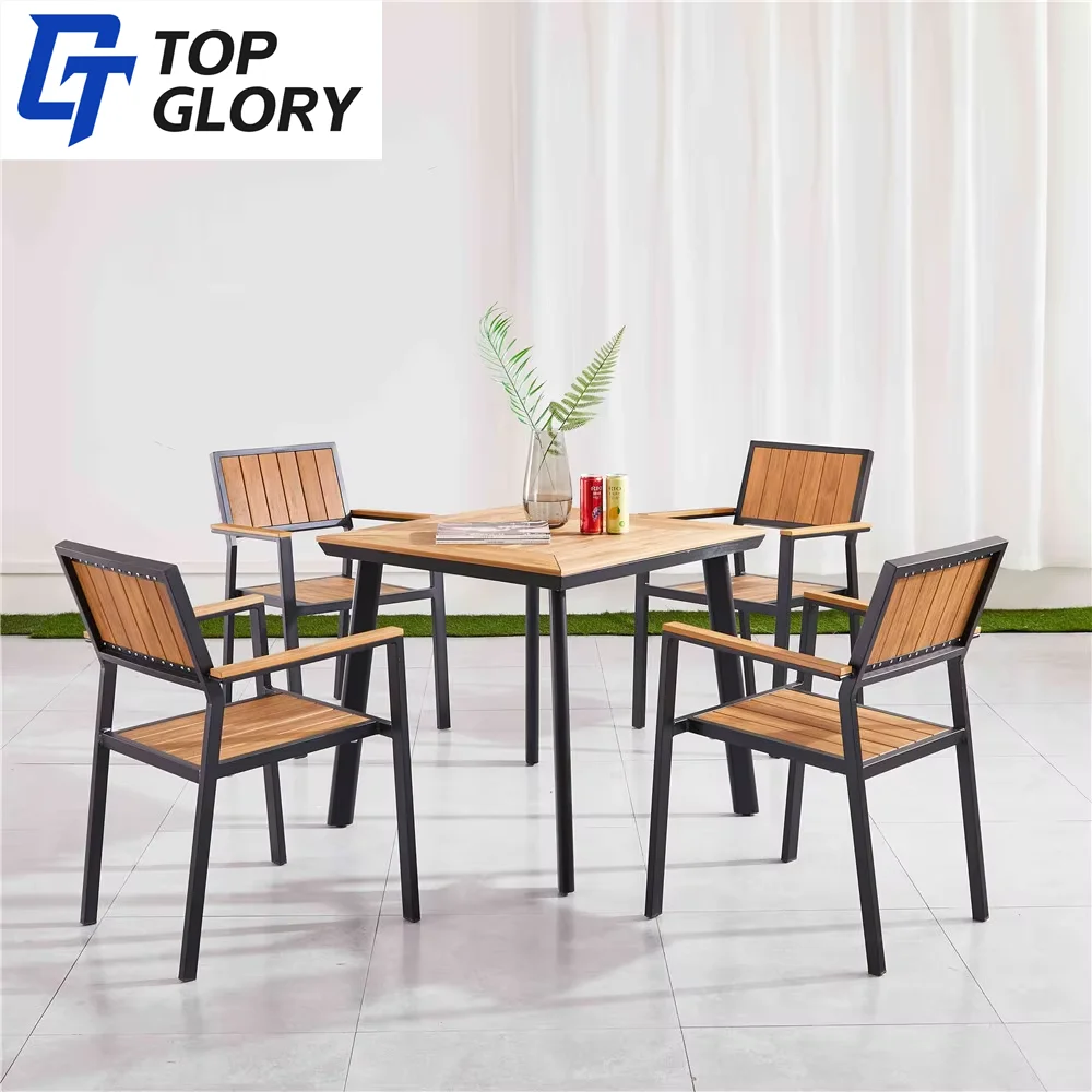 TG Modern Design Outdoor Garden Dining Set Waterproof Wood and Plastic Stack Chairs with a Colorful Wood Table