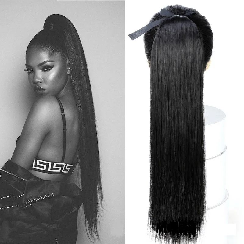 Cheap Hair Straight Extensions Wrap Around  Long Straight Ponytail Synthetic Hair Extensions