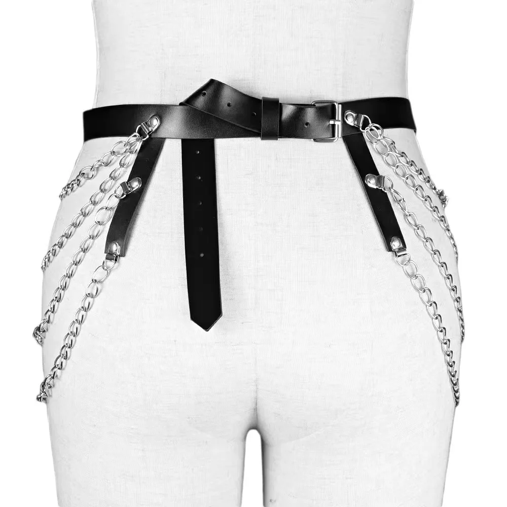 PJ-M082 Simple Leather Layered Metal Belly Body Chain Sexy Punk Black Waist Chain for Women