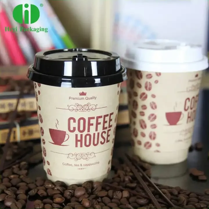 Custom printed logo disposable recycle double ripple wall hot stamping coffee paper cups with lid food grade paper