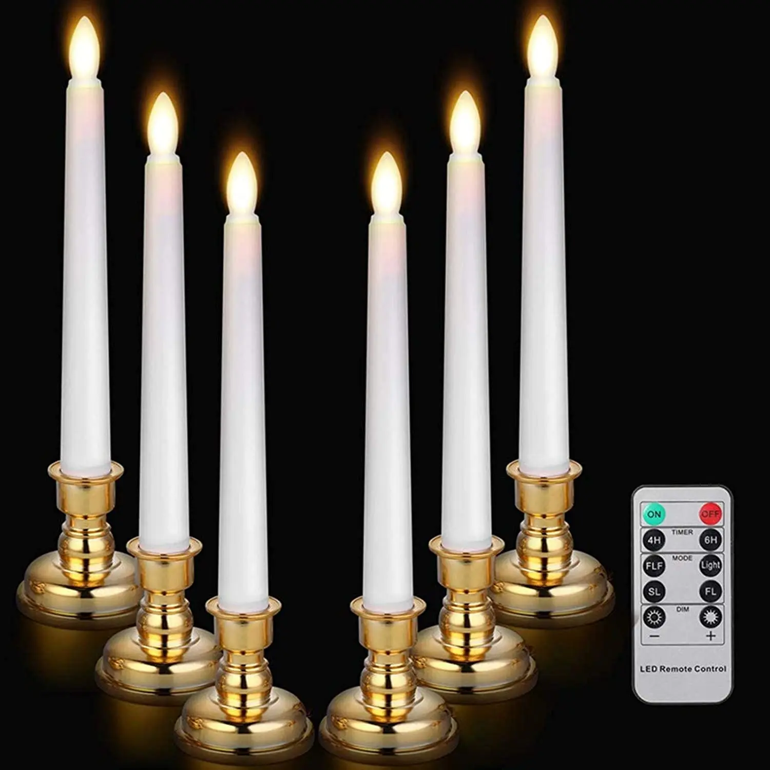 
Flameless White LED Taper Candles with Gold Removable Candle Holders 