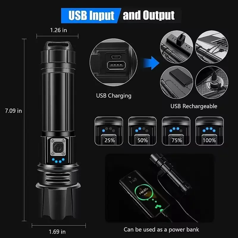 Flashlights LED High Lumens Rechargeable XHP70.2 Super Bright Battery Powered Tactical Emergency Torch Light For Camping Hiking