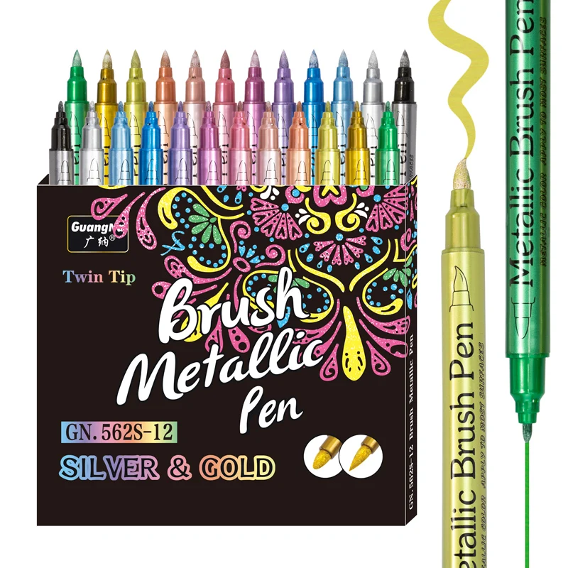 Metallic Colors Dual Tips Marker Pen, Brush and Fine Tips 12 Metal Colors