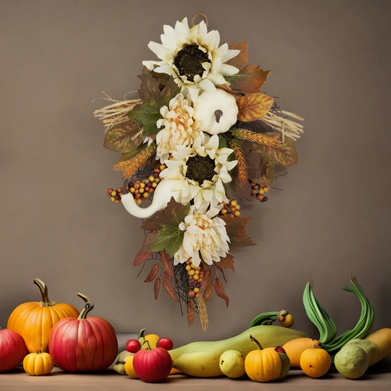 Fall Harvest Pumpkin wreath upside down Thanksgiving teardrop pendant Sunflower white pumpkin Maple Leaf decorative door decor