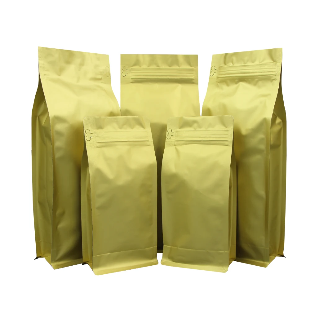 Custom printed flat bottom mate zipper lock aluminum foil lined matte glossy gold golden coffee bean packaging bags with valve
