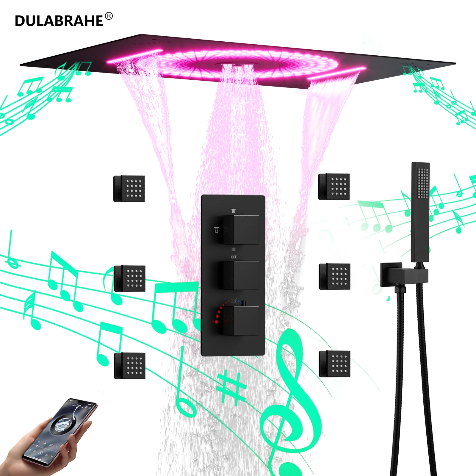 DULABRAHE 2024 NEW Bathroom LED Waterfall Shower Set 600*400mm Embed Ceiling Thermostatic Shower Faucet Set