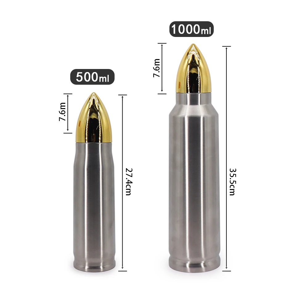 FREE sample in bulk 500ml 1000ml stainless steel silver shot gun shell travel mug cups steel bullet coffee tumbler