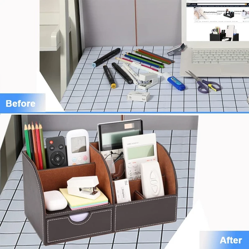 Mens Leather Desk Organizer Office Stationery Storage Box Organizer Holds Business Card Pen Pencil Mobile Phone Desk Supplies