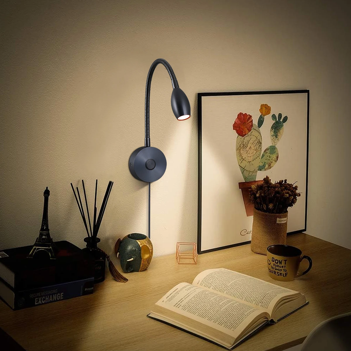 Bedside LED Reading Light Flexible Gooseneck Wall Lamp, Headboard Wall Mount Dimmable Book Light with Plug-in Power Adapter