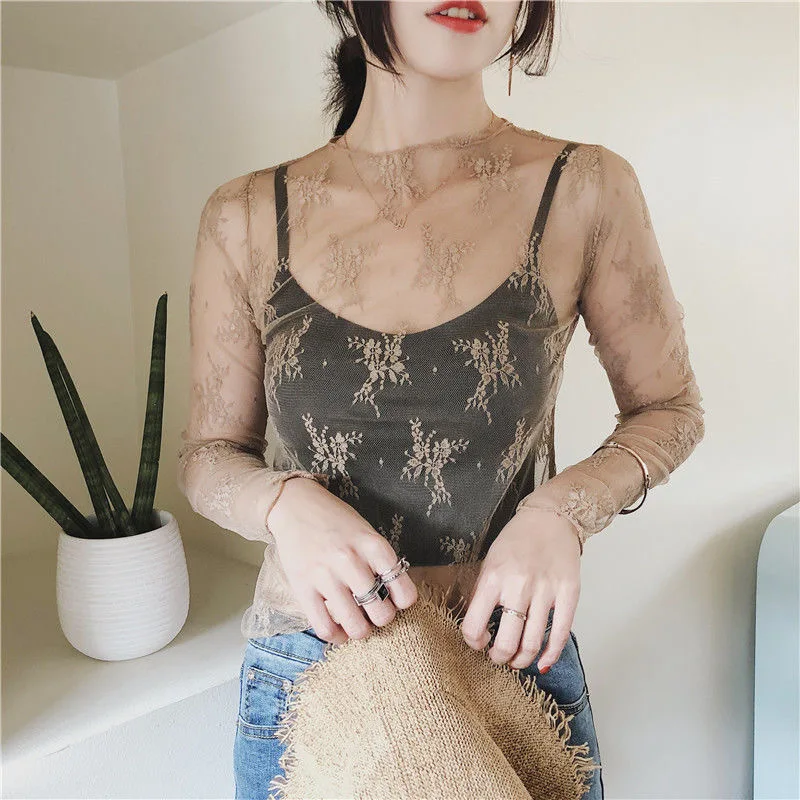 Блузка женская прозрачная с длинным рукавом базовый топ ложным воротником однотонная кружевная цветочной вышивкой лето-весна