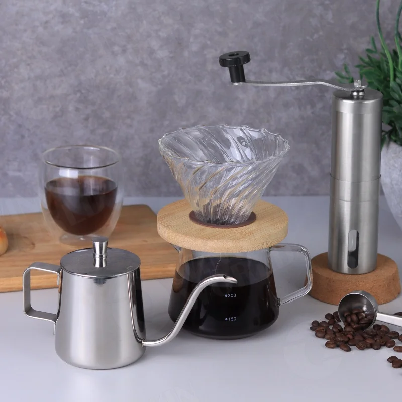 Modern Dripper Coffee Gift Set Includes Kettle,Manual Grinder and Glass Cup,ALL in 1 Great Portable Box for Traveling