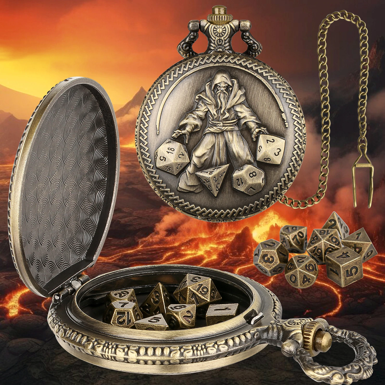 Dnd Anniversary Gift Accessories Steampunk Dungeon Master Pocket Watch Shell With 7Pcs Mini Dices Entertainment Game Collection