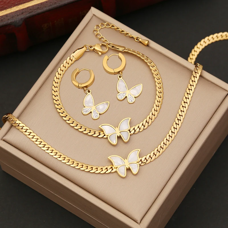 Fashion Shell Butterfly Necklace Earrings and Bracelet Set Gold Plated Stainless Steel Flat Chains Jewelry Set for Women