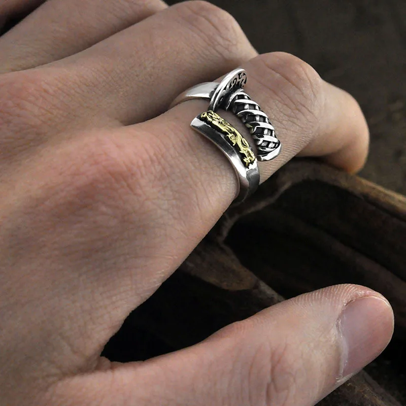 Unique Design Cool 925 Sterling Silver Brass Retro Sabre Solider Knife Open Ring Weapon Jewelry for Men Daily Wear Party  Gift